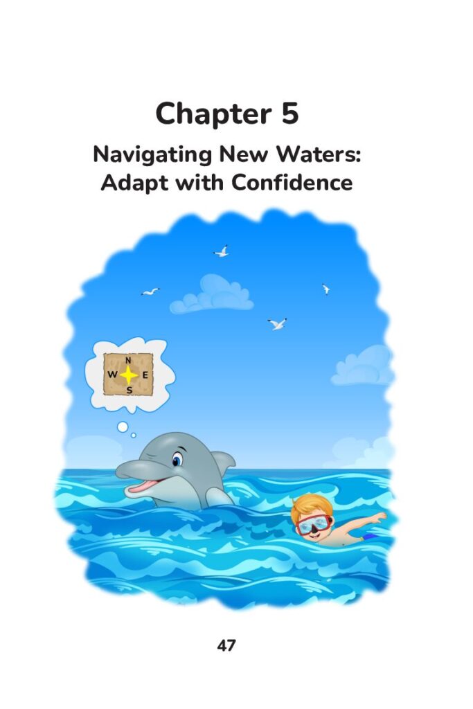 Chapter 5's title and image show Alex, the dolphin, using an imaginary map to navigate the new waters with the boy.